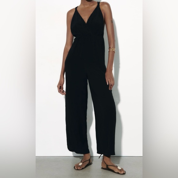 NWT ZARA Braided Strap Black  Jumpsuit Backless Wide Leg Trouser Size Large - Picture 1 of 6